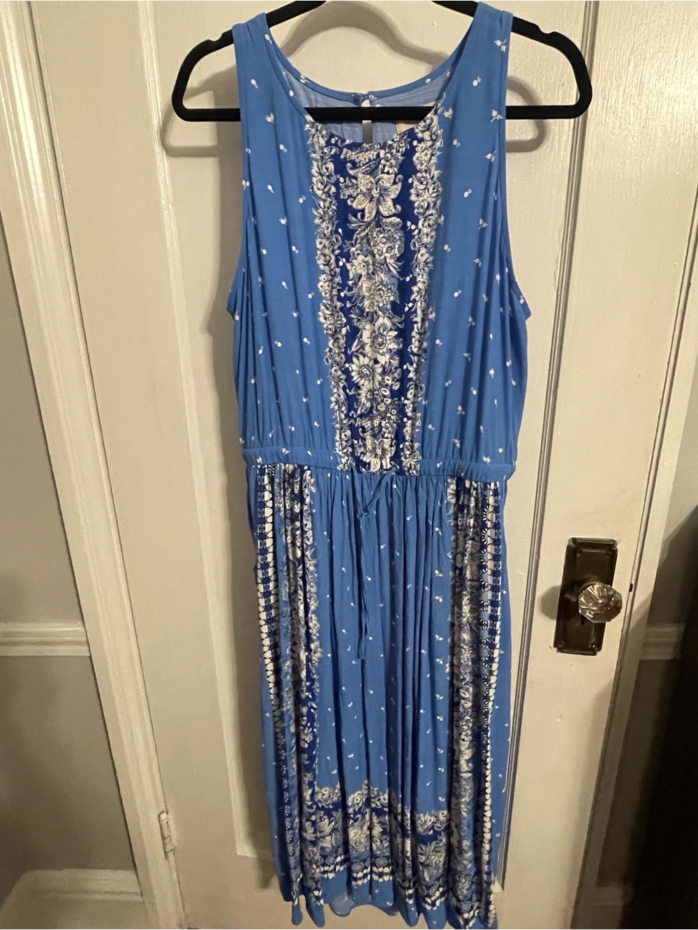 LOFT Blue Sleeveless Maxi Dress with White Boho Print